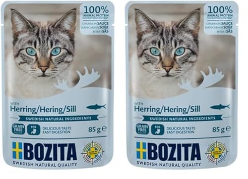BOZITA Nassfutter Häppchen in Soße mit Hering 12x85g Pouch Portionsbeutel - getreidefrei - für Erwachsene Katzen (Packung mit 2) von Bozita