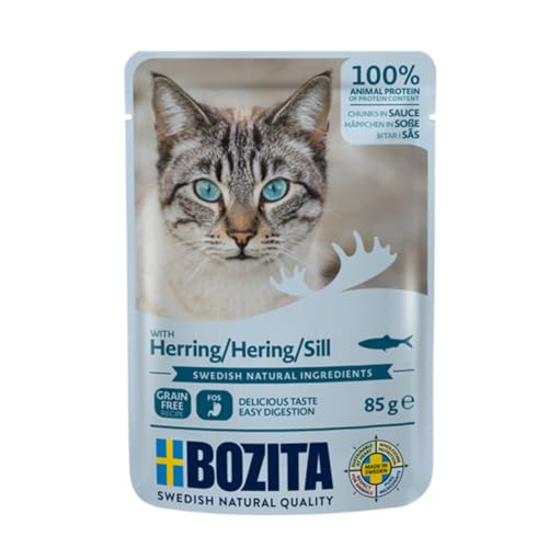 BOZITA Nassfutter Häppchen in Soße mit Hering 12x85g Pouch Portionsbeutel - getreidefrei - für erwachsene Katzen von Bozita