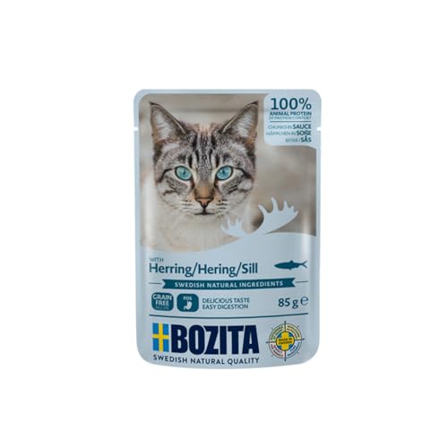 Bozita Pouch Nassfutter Häppchen in Sauce mit Hering - 12x85g Portionsbeutel getreidefreies & weizenfreies Futter für Katzen - Katzennassfutter für Adult-Katzen mit 8,5% Protein & 4,5% Fettgehalt von Bozita