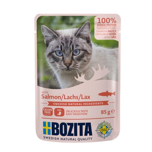 BOZITA Nassfutter Häppchen in Soße mit Lachs 12x85g Pouch Portionsbeutel - getreidefrei - für erwachsene Katzen von Bozita