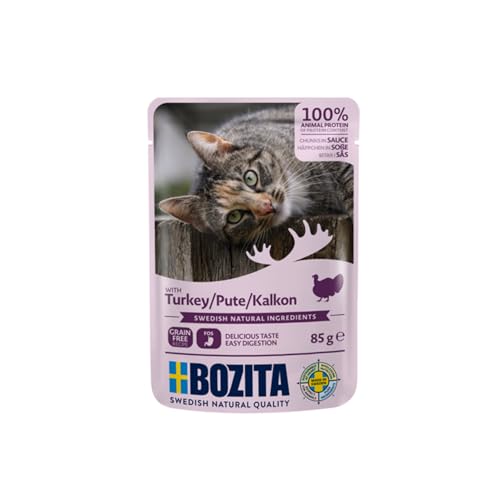 Bozita Pouch Nassfutter Häppchen in Sauce mit Pute - 12x85g Portionsbeutel getreidefreies & weizenfreies Futter für Katzen - Katzennassfutter für erwachsene Katzen mit 8,5% Protein & 4,5% Fettgehalt von Bozita