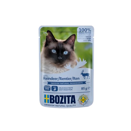 Bozita Pouch Nassfutter Häppchen in Sauce mit Rentier - 12x85g Portionsbeutel getreidefreies & weizenfreies Futter für Katzen - Katzennassfutter für Adult-Katzen mit 8,5% Protein & 4,5% Fettgehalt von Bozita