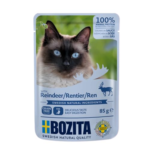 BOZITA Nassfutter Häppchen in Soße mit Rentier 12x85g Pouch Portionsbeutel - getreidefrei - für erwachsene Katzen von Bozita