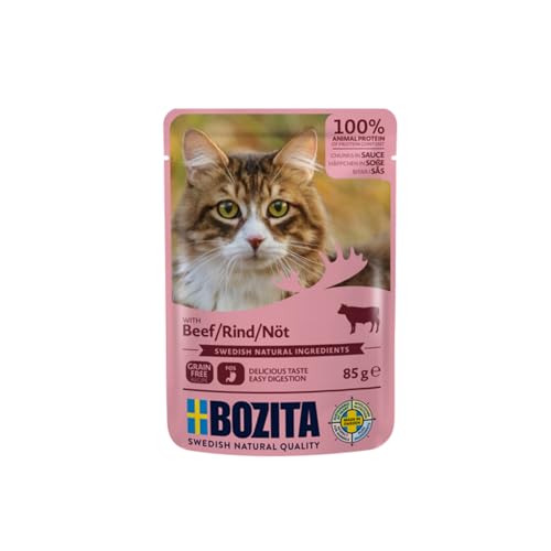 Bozita Pouch Nassfutter Häppchen in Sauce mit Rind - 12x85g Portionsbeutel getreidefreies & weizenfreies Futter für Katzen - Katzennassfutter für erwachsene Katzen mit 8,5% Protein & 4,5% Fettgehalt von Bozita