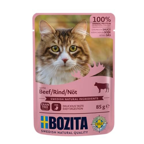 BOZITA Nassfutter Häppchen in Soße mit Rind 12x85g Pouch Portionsbeutel - getreidefrei - für erwachsene Katzen von Bozita