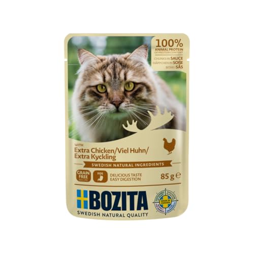 Bozita Nassfutter-Häppchen in Sauce mit viel Huhn - 12er-Pack 85g schmackhaftes Katzenfutter ohne Zucker - Futter für erwaschsene Katzen mit 8,5% Protein & 4,5% Fettgehalt, ohne Gentechnik von Bozita