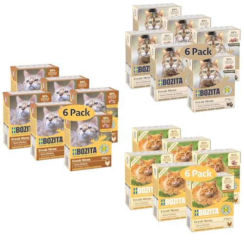 Bozita Tetra Geflügel Bundle: Feinste Auswahl an dreierlei Geflügel für eine gesunde Ernährung Ihrer Katze - 3 x 6 Häppchen in Gelee und Sauce mit Huhn, Pute & Sterilised Huhn auch für Katzen von Bozita