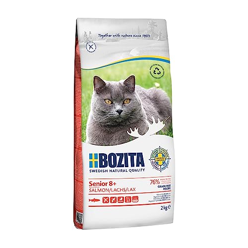 Bozita Grain Free Katzentrockenfutter mit Lachs – 2kg – getreidefreies Trockenfutter für sensible Senior-Katzen ab 8 Jahren – 33 % Protein, 12 % Fett – ohne Zucker & Gentechnik – aus Schweden von Bozita