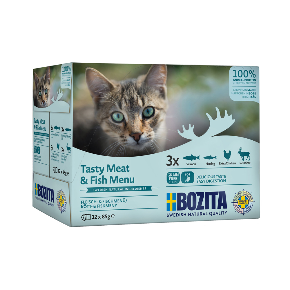 Bozita Häppchen In Soße im Mixpaket 12 x 85 g  - Mixpaket Fleisch & Fisch Menü (4 Sorten) von Bozita