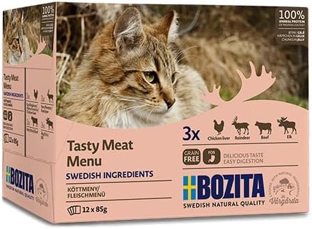 Bozita Fleischmenü Multibox | 12 x 85 g | Getreidefreies Nassfutter für Katzen | Häppchen in Gelee | Mit den Sorten Elch, Hühnchenleber, Rentier und Rind von Bozita