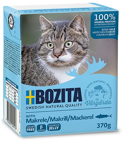 Bozita Häppchen in Gelee Nassfutter mit Makrele im Tetra Recart 1x370g - Getreidefrei - nachhaltig produziertes Katzenfutter für erwachsene Katzen - Alleinfuttermittel ,370 gm von Bozita