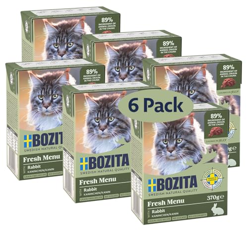 Bozita Tetra Häppchen mit Kaninchen in Gelee – 6x370g getreidefreies Katzenfutter ohne Zuckerzusatz – mit 7,5% Protein, 5% Fett – besonders feiner Fleischgeschmack & gentechnikfrei von Bozita