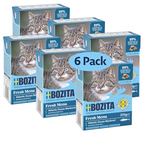 Bozita Tetra Nassfutter mit Makrele in Gelee – 6x370g getreidefreies, zuckerfreies Katzenfutter – ohne Gentechnik, mit 7,5% Protein, 5% Fett – vollwertig & ausgewogen für Feinschmecker von Bozita