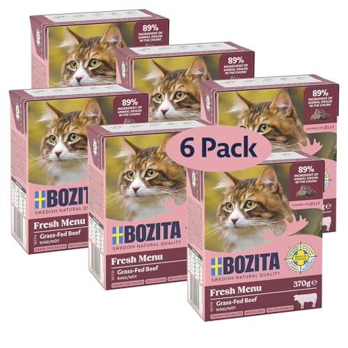 Bozita Tetra Nassfutter mit Rinderhack in Gelee – 6x370g getreidefreies, zuckerfreies Katzenfutter – ohne Gentechnik, mit 7,5% Protein, 5% Fett – vollwertig & ausgewogen für Feinschmecker von Bozita