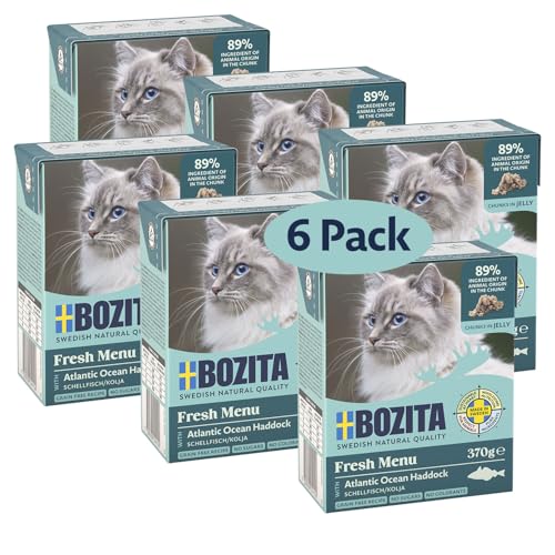 Bozita Tetra Nassfutter mit Schellfisch in Gelee – 6x370g getreidefreies Katzenfutter ohne Zuckerzusatz & ohne Gentechnik – ausgewogen, lecker mit 7,5% Protein & 5% Fettgehalt von Bozita