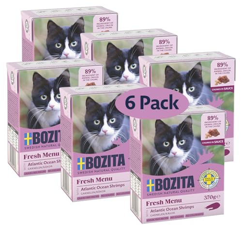 Bozita Tetra Nassfutter mit Garnele in Sauce – 6x370g hochwertiges Katzenfutter ohne Getreide & Zucker – mit 7,5% Protein, 5% Fett – vollwertig, natürlich & besonders fein im Geschmack von Bozita