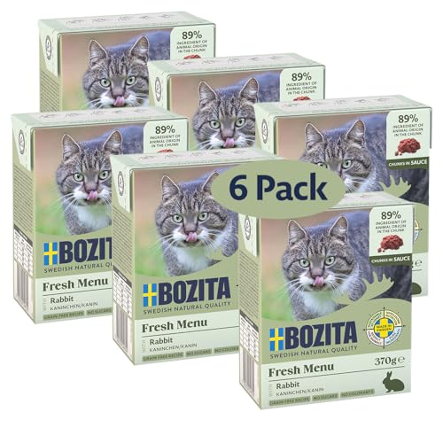 Bozita Tetra Häppchen mit Kaninchen in Sauce – 6x370g getreidefreies Katzenfutter ohne Zuckerzusatz – mit 7,5% Protein, 5% Fett – besonders feiner Fleischgeschmack & gentechnikfrei von Bozita