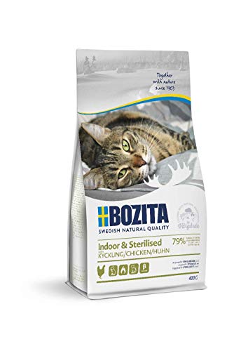 Bozita Indoor & Sterilised Katzentrockenfutter mit Huhn – 400g – weizenhaltiges Katzenfutter für sterilisierte Wohnungskatzen – 32 % Protein, 14 % Fett – zuckerfrei, gentechnikfrei, Alleinfuttermittel von Bozita