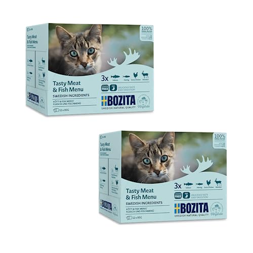 Bozita Katze Häppchen in Gelee | Doppelpack | 2 x 12 x 85 g | Multibox Meat & Fish | Alleinfuttermittel für Katzen | Mit Hering, Lachs, Hühnchen, Rentier | Ohne Zuckerzusatz von Bozita