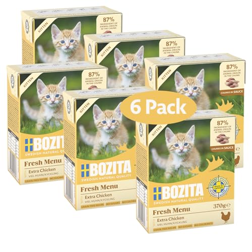 Bozita Tetra Häppchen in Sauce mit Huhn für Kitten – 6x370g Getreide- & zuckerfreies Premium-Katzenfutter, ohne Gentechnik, mit 7,5% Protein und 5% Fettgehalt – leckeres Nassfutter für Jungkatzen von Bozita