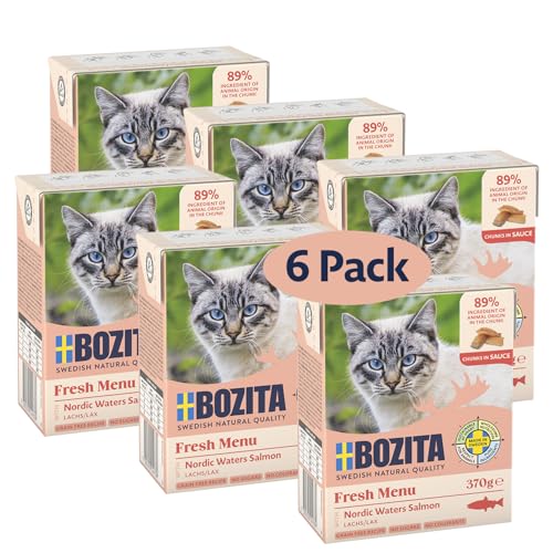 Bozita Tetra Häppchen in Sauce mit Lachs – 6x370g Getreide- & zuckerfreies Premium-Katzenfutter, ohne Gentechnik, mit 7,5% Protein und 5% Fettgehalt – leckeres Nassfutter für Feinschmecker von Bozita