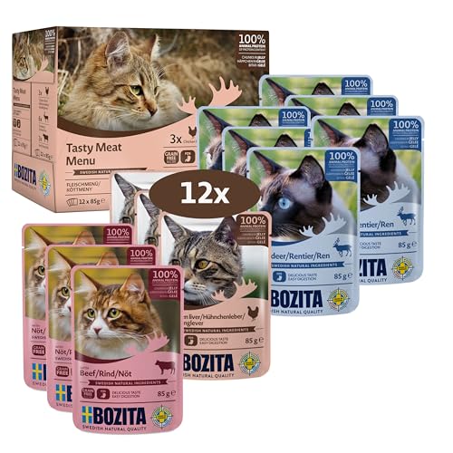 Bozita Nassfutter Häppchen in Gelee mit Fleisch - 12x85g Portionsbeutel getreidefreies & weizenfreies Futter für Katzen - Katzennassfutter für erwachsene Katzen mit 8,5% Protein & 4,5% Fettgehalt von Bozita