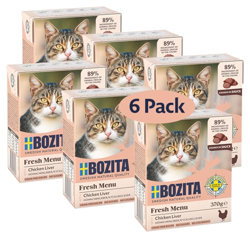 Bozita Tetra Häppchen in Sauce mit Hühnchenleber – 6x370g Getreide- & zuckerfreies Nassfutter für Katzen ohne Gentechnik – 7,5% Protein & 5% Fettgehalt - hochwertig & besonders schmackhaft von Bozita