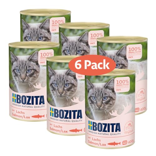 Bozita Paté Lachs Getreidefrei – 6x400g Nassfutter für Katzen & Kitten. Alleinfutter mit 9,5 % Protein & 5 % Fett aus hochwertigen, natürlichen Zutaten ohne Getreide - aus Schweden von Bozita