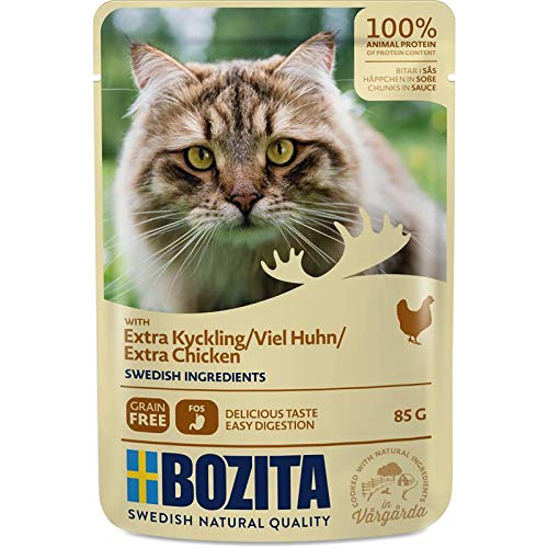 Bozita Häppchen in Soße mit viel Hühnchen | 12 x 85 g | Nassfutter für Katzen | Getreidefreies und weizenfreies Alleinfuttermittel im Pouchbeutel | 100% schwedische Zutaten von Bozita