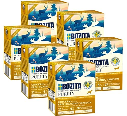 Bozita Purely 6 x 370g Huhn & Hirsch im Tetra | Getreidefreies Nassfutter für Hunde | Sehr Hoher Fleischanteil | mit Fleischstückchen | ohne Zucker & ohne künstliche Farbstoffe von Bozita