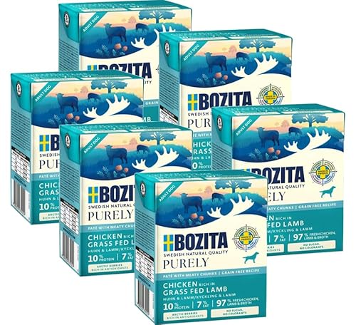 Bozita Purely 6 x 370g Huhn & Lamm im Tetra | Getreidefreies Nassfutter für Hunde | Sehr Hoher Fleischanteil | mit Fleischstückchen | ohne Zucker & ohne künstliche Farbstoffe von Bozita