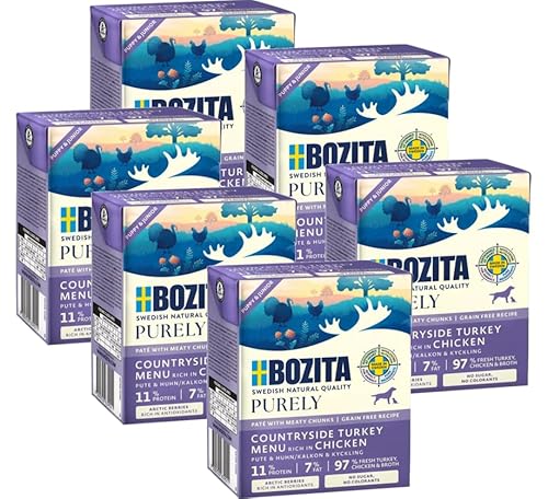 Bozita Purely 6 x 370g Pute & Huhn (Puppy & Junior) im Tetra | Getreidefreies Nassfutter für Hunde | Sehr Hoher Fleischanteil | mit Fleischstückchen | ohne Zucker & ohne künstliche Farbstoffe von Bozita