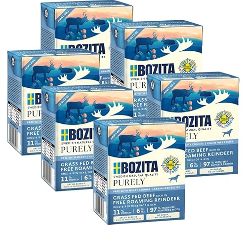 Bozita Purely 6 x 370g Rind & Rentier im Tetra | Getreidefreies Nassfutter für Hunde | Sehr Hoher Fleischanteil | mit Fleischstückchen | ohne Zucker & ohne künstliche Farbstoffe von Bozita