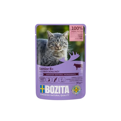 Bozita Nassfutter Senior 8+ Häppchen in Sauce mit Rind - 12x85g Portionsbeutel getreidefreies & weizenfreies Futter für Katzen - Katzen Nassfutter mit 8,5% Protein & 4,5% Fettgehalt von Bozita