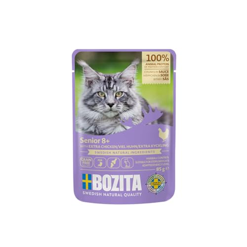 Bozita Nassfutter Senior 8+ Häppchen in Sauce mit viel Huhn - 12x85g Portionsbeutel getreidefreies & weizenfreies Futter für Katzen - Katzen Nassfutter mit 8,5% Protein & 4,5% Fettgehalt von Bozita