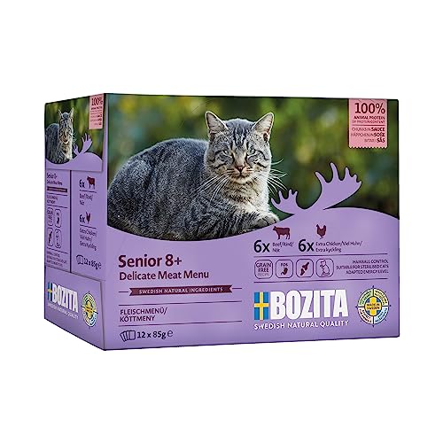 Bozita Nassfutter Senior für Katzen ab 8 Jahre Mulitbox 6X Rind 6X viel Huhn Häppchen in Sauce im Portionsbeutel 12x85g Getreidefreie Katzenfutter Nassfutter von Bozita
