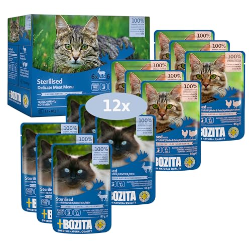 Bozita Sterilised Nassfutter Häppchen in Sauce mit Fleisch - 12x85g Portionsbeutel getreidefreies & weizenfreies Futter für Katzen - Katzen Nassfutter mit 8,5% Protein & 3,5% Fettgehalt von Bozita