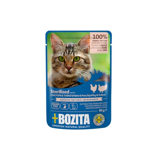 Bozita Sterilised Nassfutter Häppchen in Sauce mit Huhn & Pute - 12x85g Portionsbeutel getreidefreies & weizenfreies Futter für sterilisierte Katzen - Katzenfutter mit 8,5% Protein & 3,5% Fettgehalt von Bozita