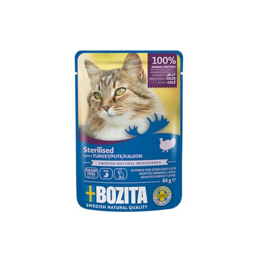 Bozita Sterilised Nassfutter Häppchen in Gelee mit Pute - 12x85g Portionsbeutel getreidefreies & weizenfreies Futter für Katzen - Katzen Nassfutter mit 8,5% Protein & 3,5% Fettgehalt von Bozita