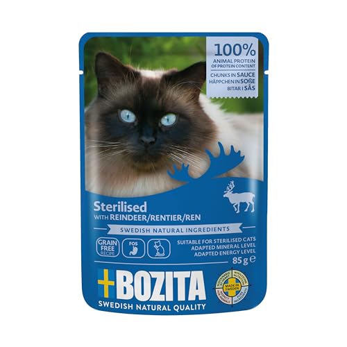 Bozita Sterilised Katzenfutter Rentier Häppchen in Soße im Portionsbeutel Pouch 12x85g Nassfutter für Katzen von Bozita