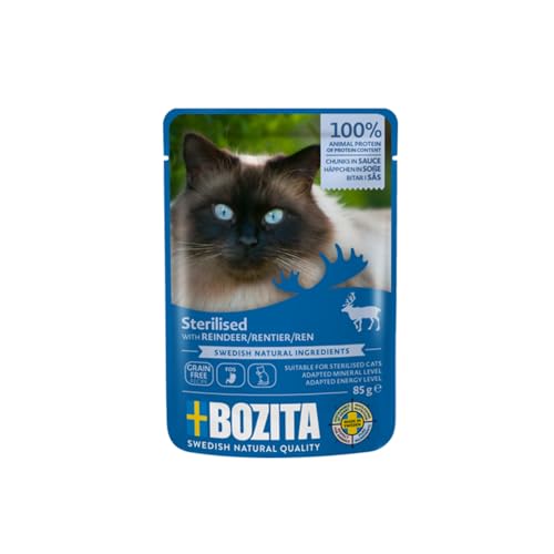Bozita Sterilised Nassfutter Häppchen in Sauce mit Rentier - 12x85g Portionsbeutel getreidefreies & weizenfreies Futter für Katzen - Katzen Nassfutter mit 8,5% Protein & 3,5% Fettgehalt von Bozita
