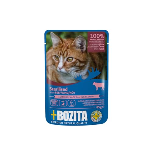 Bozita Sterilised Nassfutter Häppchen in Gelee mit Rind - 12x85g Portionsbeutel getreidefreies & weizenfreies Futter für Katzen - Katzen Nassfutter mit 8,5% Protein & 3,5% Fettgehalt von Bozita