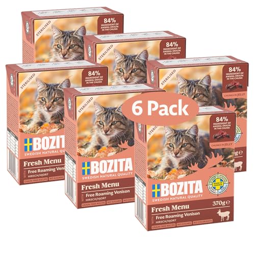 Bozita Tetra Sterilised Häppchen in Gelee mit Hirsch – 6x370g getreidefreies, zuckerfreies Nassfutter für Katzen – ohne Gentechnik, mit 7,5% Protein & 5% Fett – hochwertig & besonders schmackhaft von Bozita