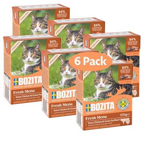 Bozita Tetra Sterilised Häppchen in Gelee mit Huhn & Rind – 6x370g getreidefreies, zuckerfreies Nassfutter für Katzen – ohne Gentechnik, mit 7,5% Protein & 5% Fett – besonders schmackhaft von Bozita