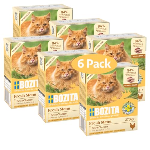 Bozita Tetra Sterilised Häppchen in Sauce mit viel Huhn – 6x370g getreidefreies, zuckerfreies Nassfutter für Katzen – ohne Gentechnik, mit 8,5% Protein & 4,5% Fett – hochwertig & besonders schmackhaft von Bozita