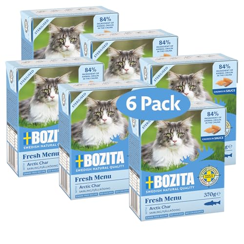 Bozita Tetra Sterilised Häppchen in Sauce mit Saibling – 6x370g getreidefreies, zuckerfreies Nassfutter für Katzen – ohne Gentechnik, mit 8,5% Protein & 4,5% Fett – hochwertig & besonders schmackhaft von Bozita