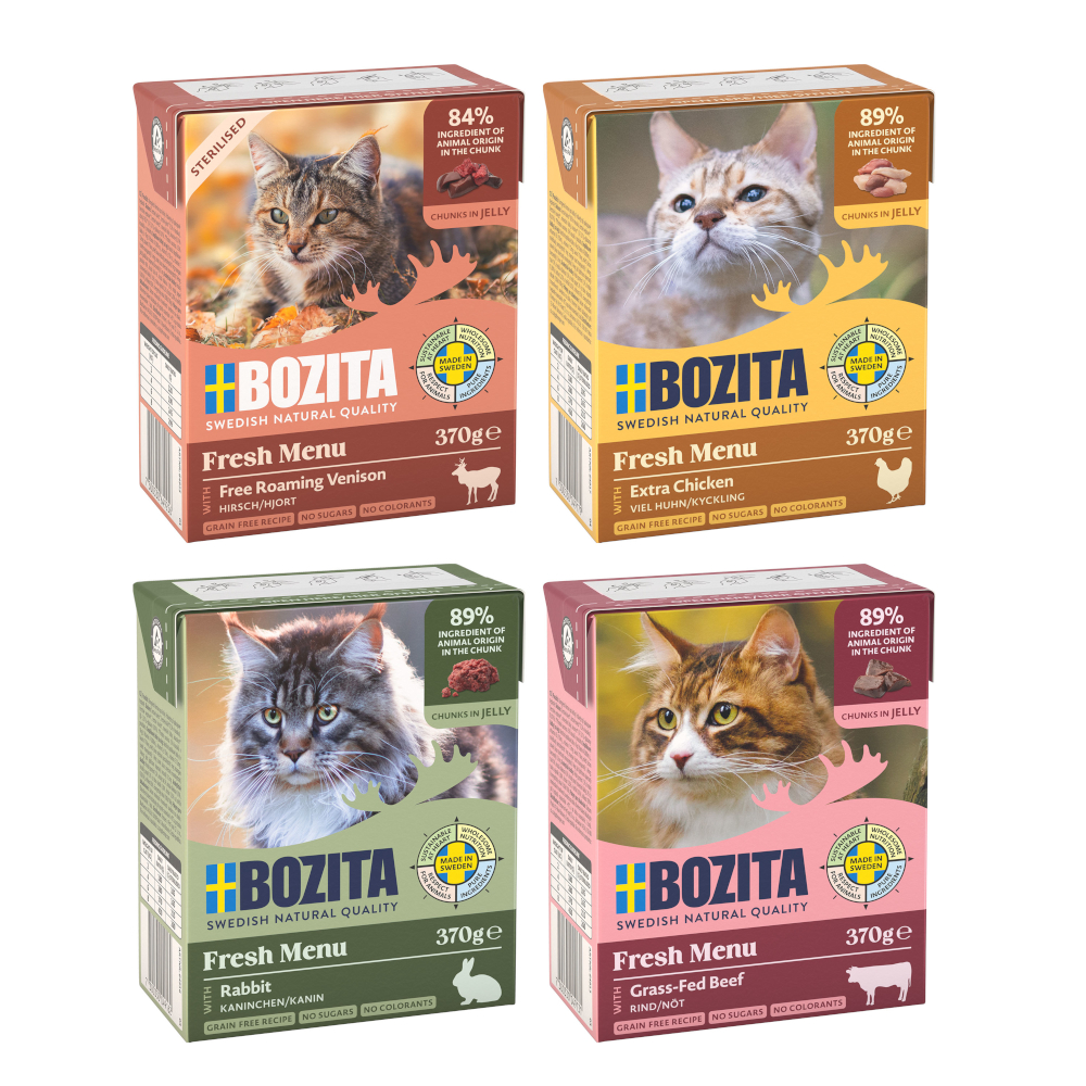 Kombi-Paket: Bozita Megapack Tetra Häppchen 48 x 370 g - Megapack 1 in Gelee: Viel Huhn, Rinderhack, Kaninchen, Sterilised mit Hirsch Kombi-Paket: Bozita Megapack Tetra Häppchen 48 x 370 g - Megapack 1 in Gelee: Viel Huhn, Rinderhack, Kaninchen, Sterilised mit Hirsch von Bozita