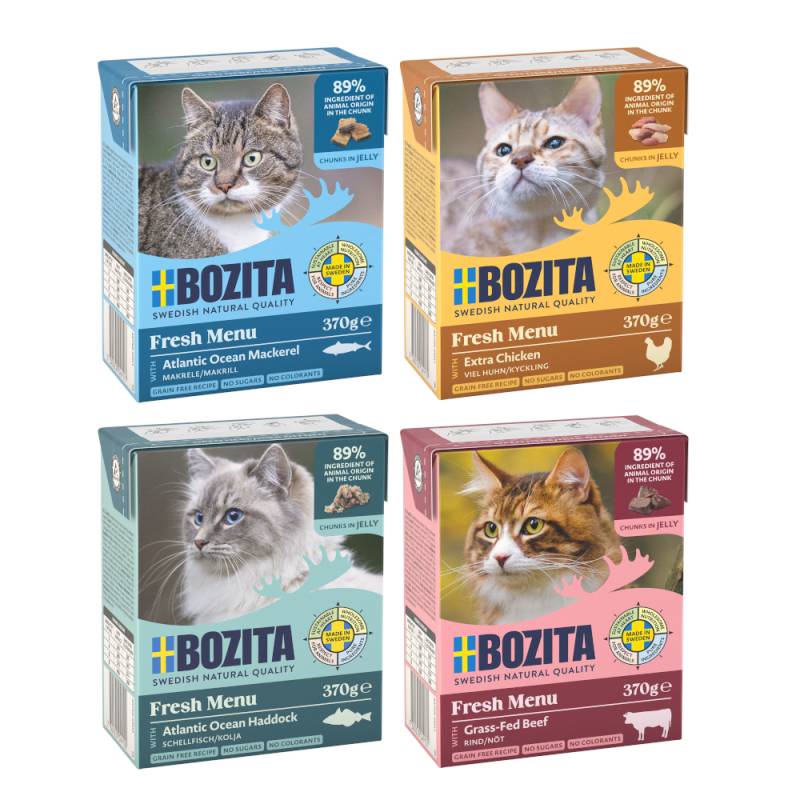 Kombi-Paket: Bozita Megapack Tetra Häppchen 48 x 370 g - Megapack 2 in Gelee: Viel Huhn, Rinderhack, Makrele, Schellfisch von Bozita