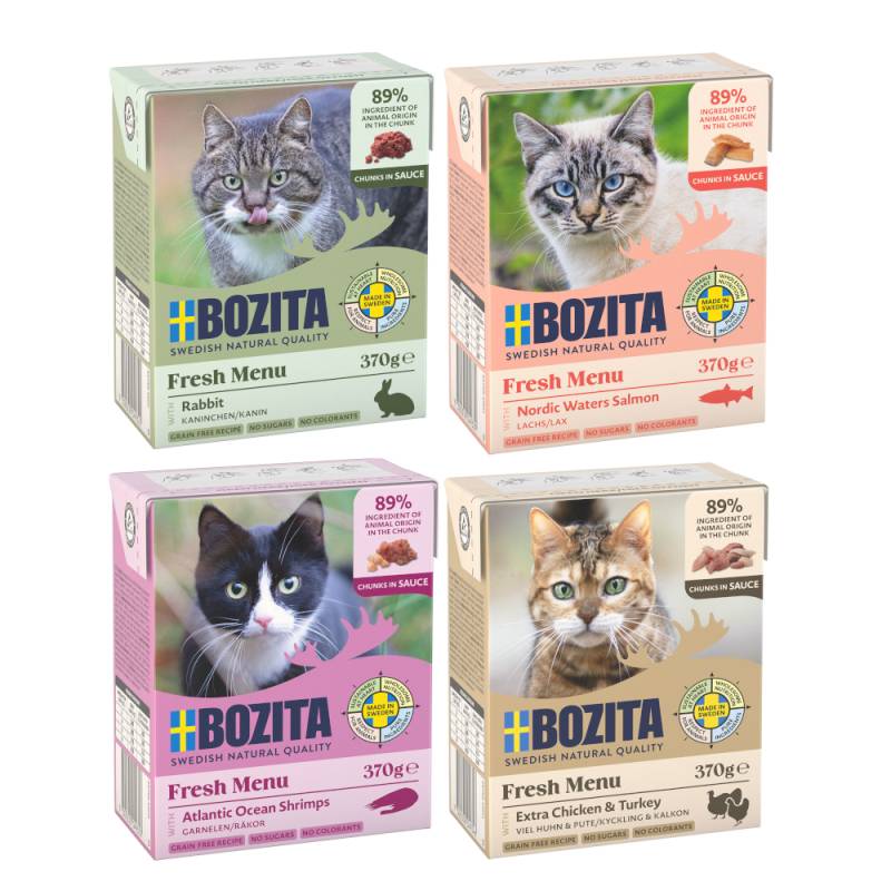 Kombi-Paket: Bozita Megapack Tetra Häppchen 48 x 370 g - Megapack 2 in Soße: Hühnchen & Pute, Kaninchen, Lachs, Garnelen von Bozita