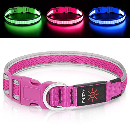 Bpawser Hundehalsband Leuchtend USB Aufladbar, LED-Hunde Leuchthalsband für mittelgroße große Hunde, Sicherheit beim Laufen in der Nacht,Rosa M von Bpawser